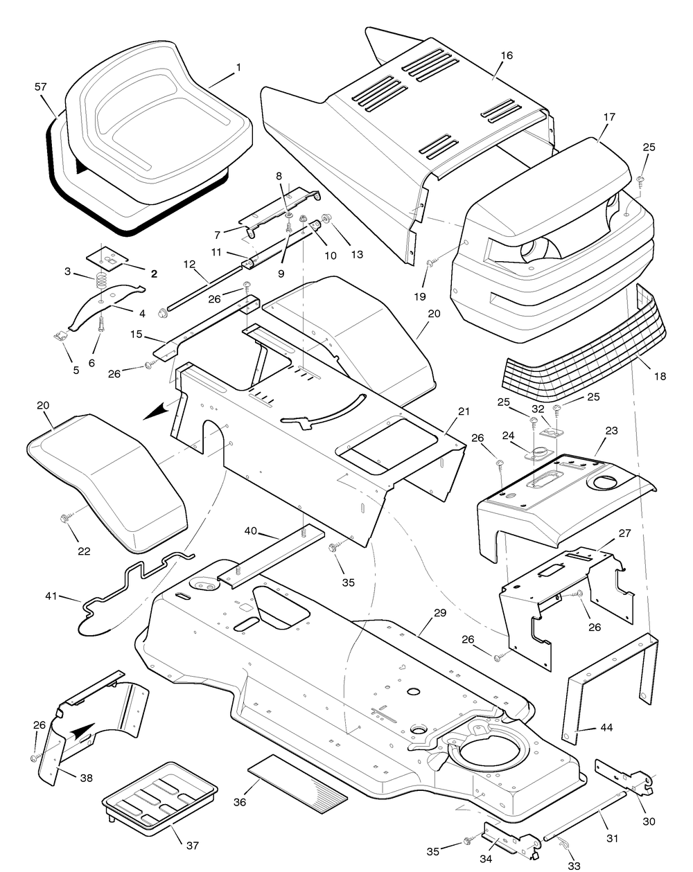 Chassis And Hood Diagram and Parts List for 38702X8E 1996 Briggs and Stratton Lawn Tractor